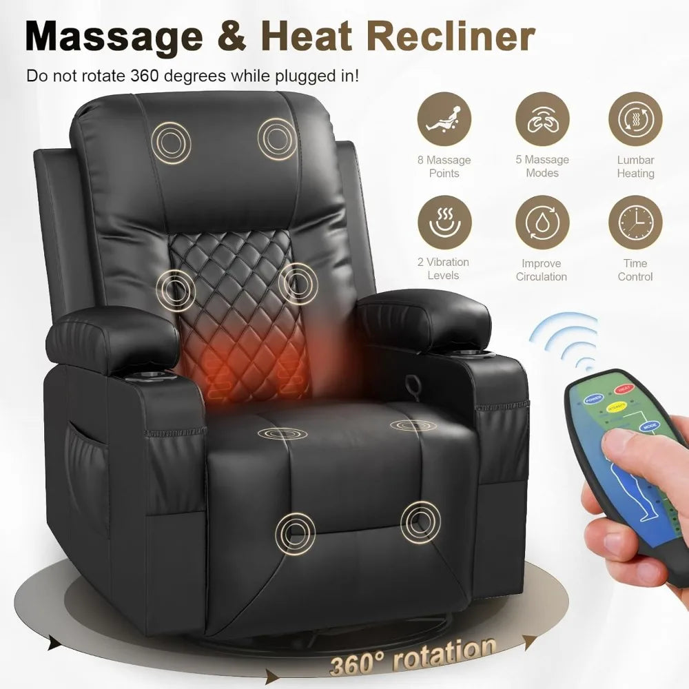 Living Room Sofa Set, 3 Seat Reclining Sofa and 2PC 360° Swivel Recliner Chair with Heat and Massage for Living Room Sofa