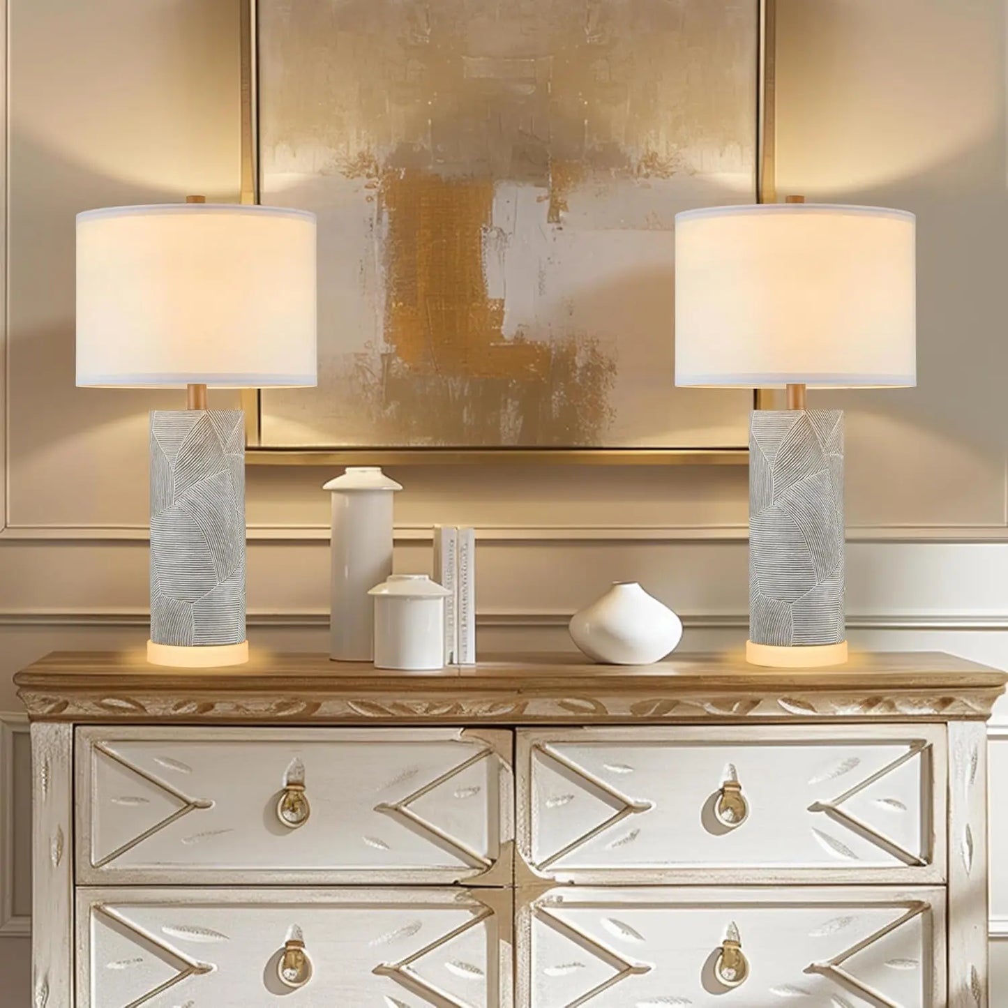 23.25 Table Lamps for Living Room Set of 2 Distressed Gray Table Lamps with Luminous LED Base Bedside Table Lamps for Bedroo