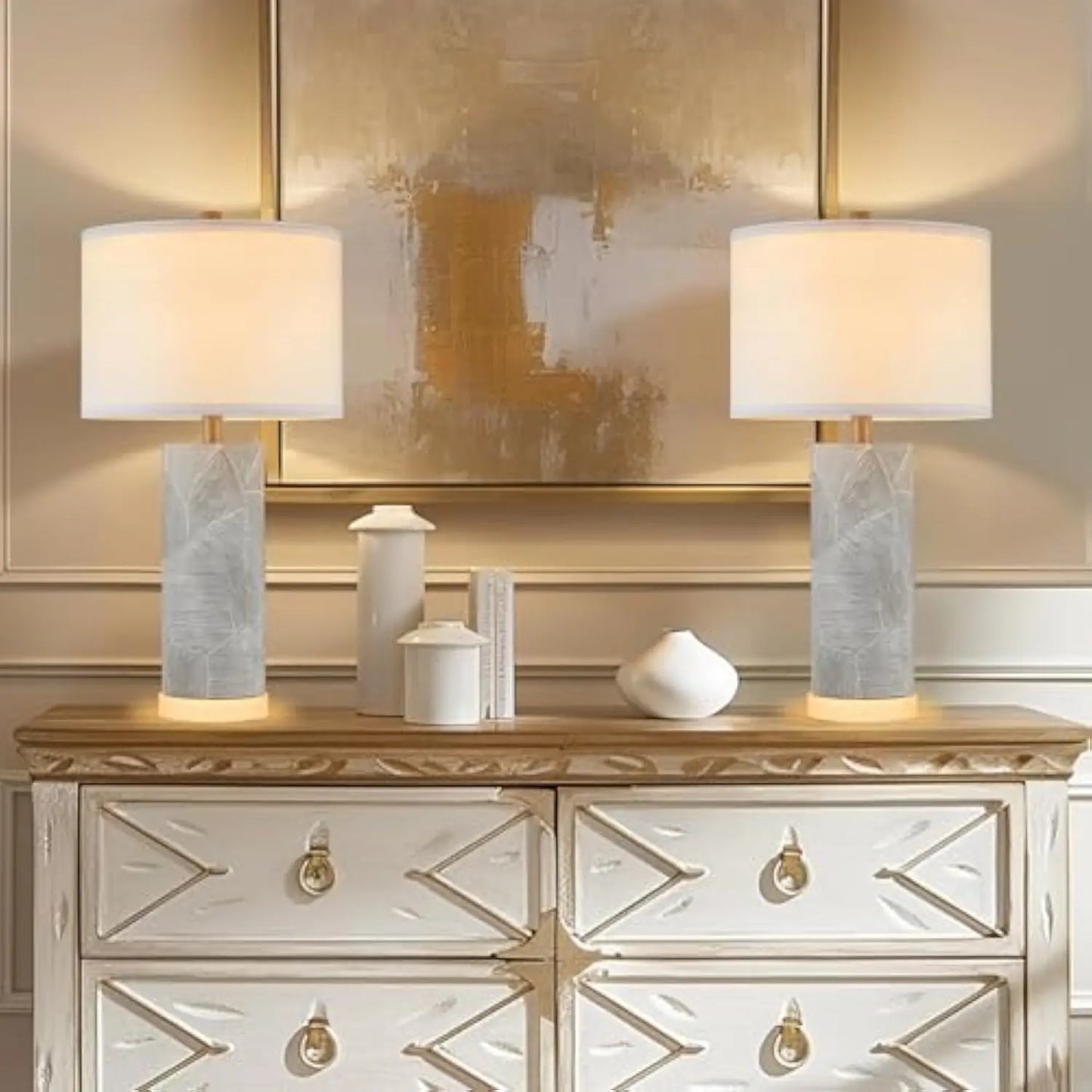 23.25 Table Lamps for Living Room Set of 2 Distressed Gray Table Lamps with Luminous LED Base Bedside Table Lamps for Bedroo
