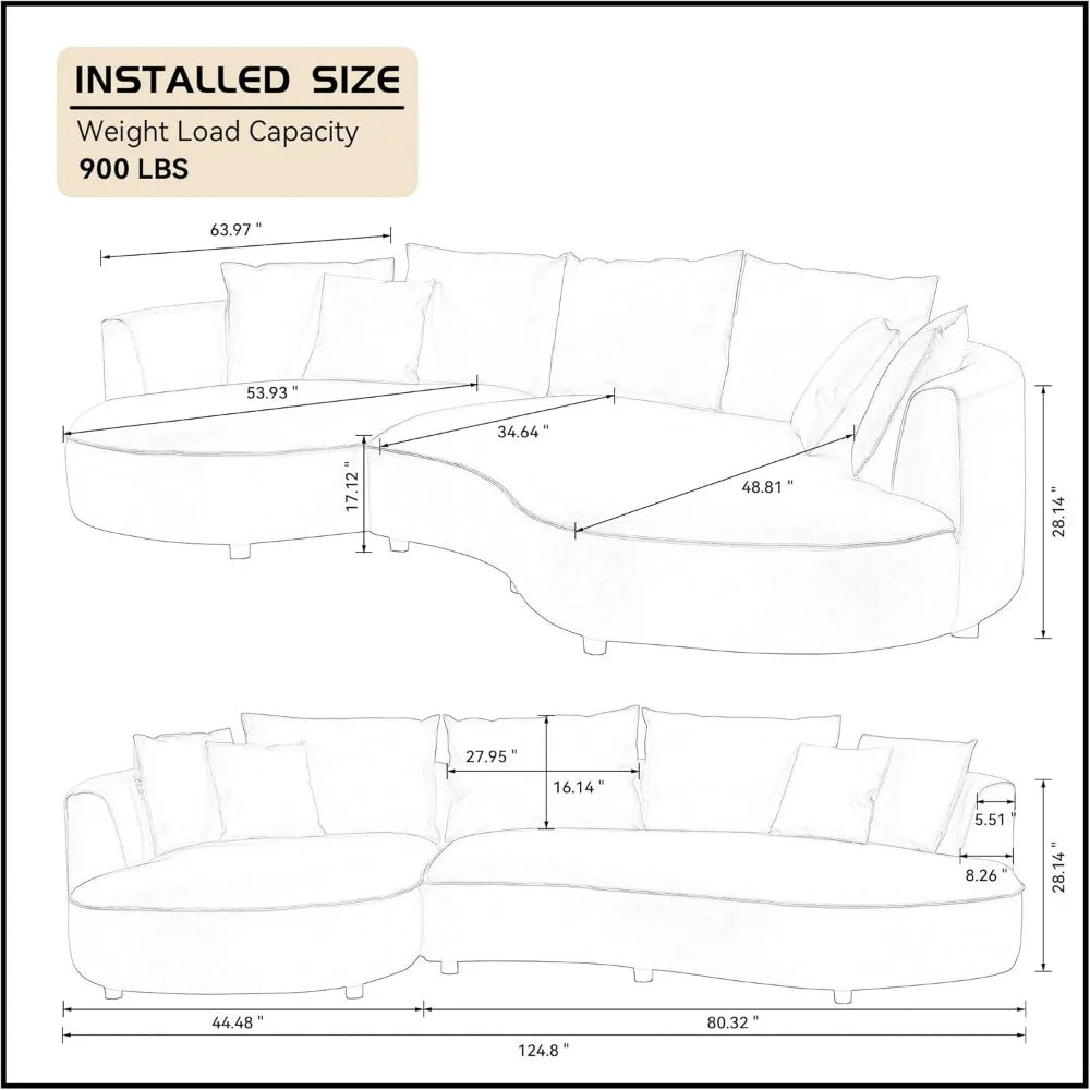 124.8" Modern Curved Sofa Couch, Upholstery Boucle Sofa Couch with Pillows, Right Hand Facing Sectional Boucle Fabric Couch