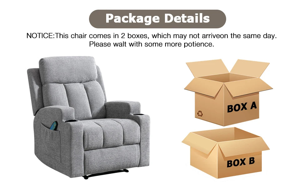 Home Manual Recliner Chair with Massage and Heat for Living Room Overstuffed Breathable Fabric Reclining Chair with 2 Side Pocke