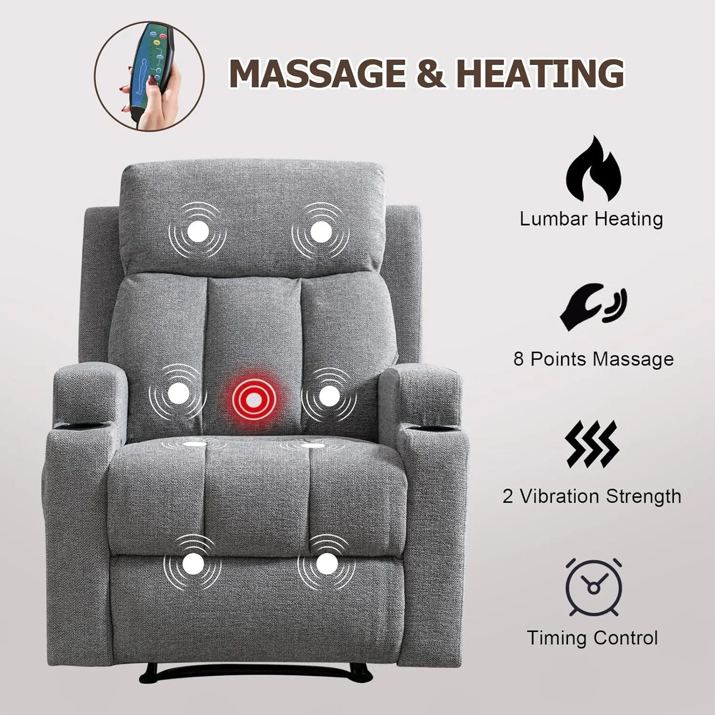 Home Manual Recliner Chair with Massage and Heat for Living Room Overstuffed Breathable Fabric Reclining Chair with 2 Side Pocke