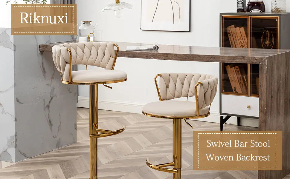 Gold Velvet Bar Stools Set of 4, Counter Height Bar Stools with Low Back, Swivel Stool for Kitchen Island, Bar Pub (Beige)