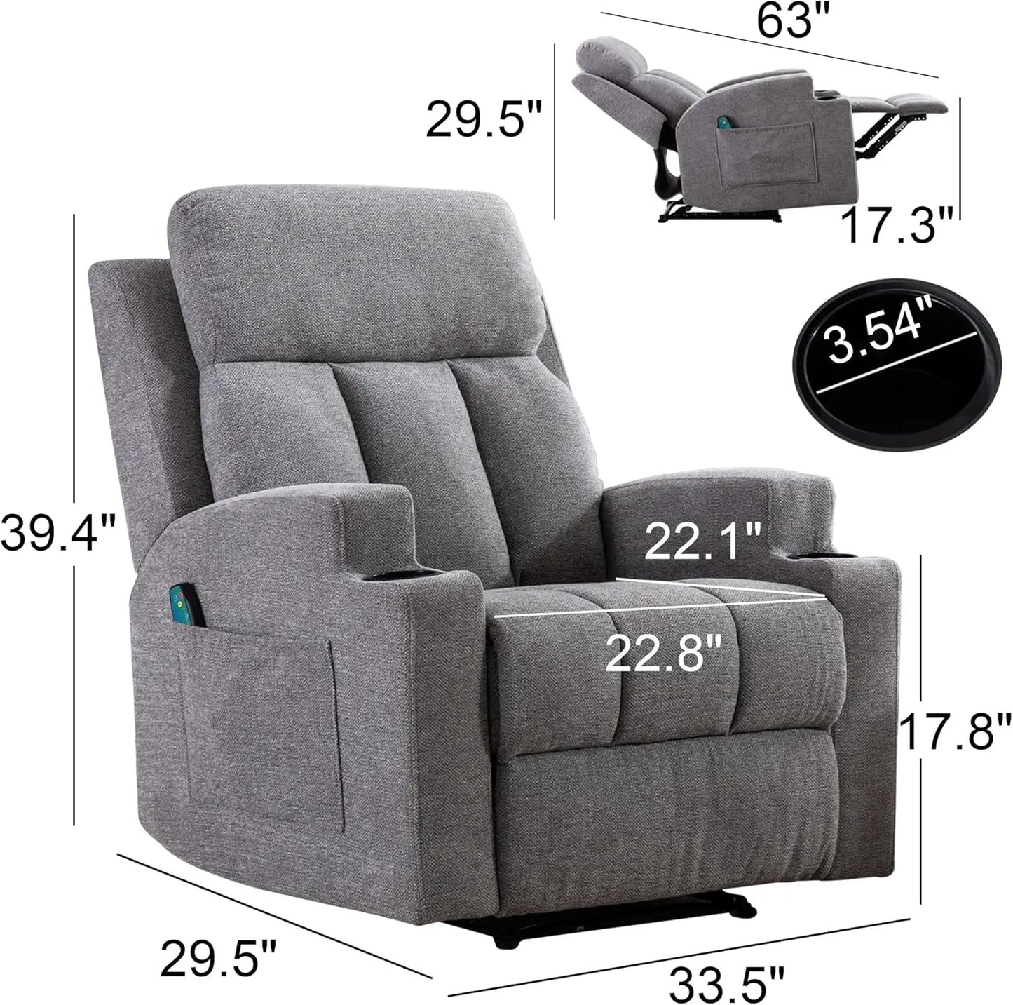 Home Manual Recliner Chair with Massage and Heat for Living Room Overstuffed Breathable Fabric Reclining Chair with 2 Side Pocke