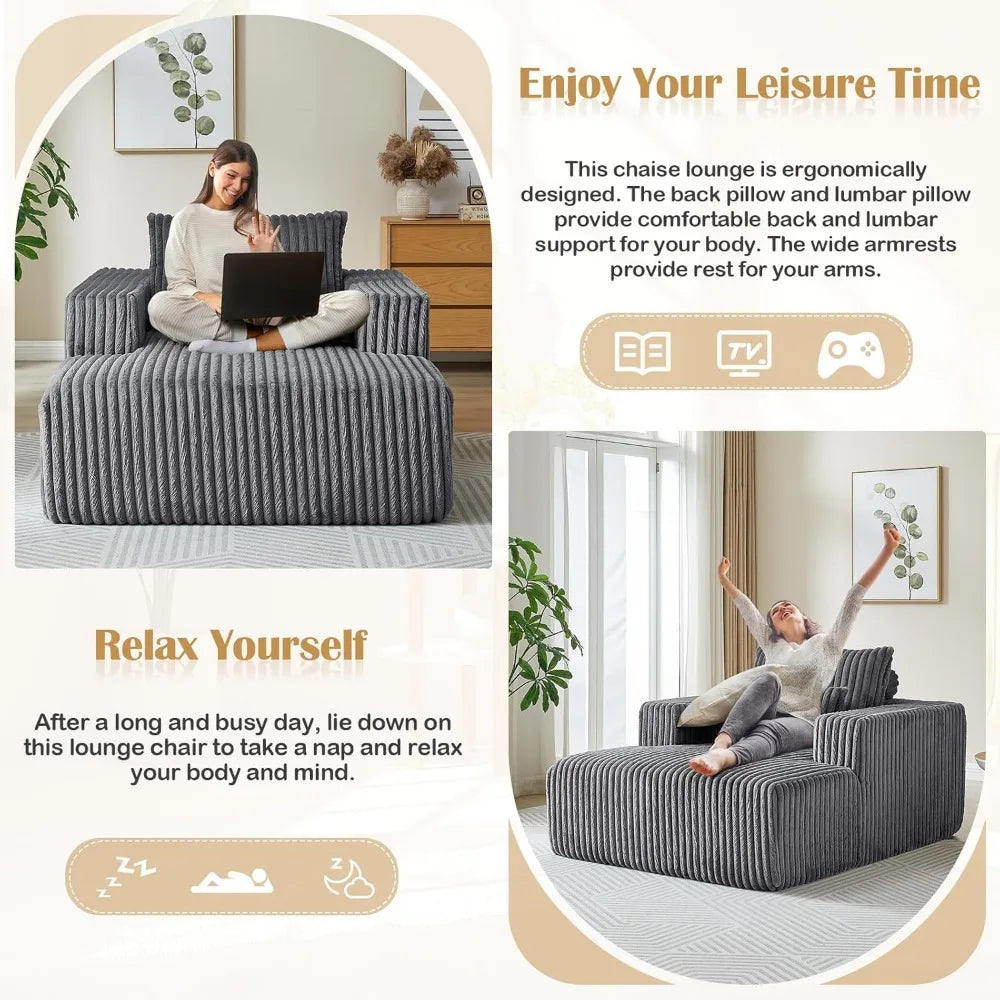 Oversized Chaise Lounge Chair Indoor,48.5" Upholstered Plush Corduroy Sofa W Armrests&Pillows,Comfy Lounge Sofa Deep Seat Sofa