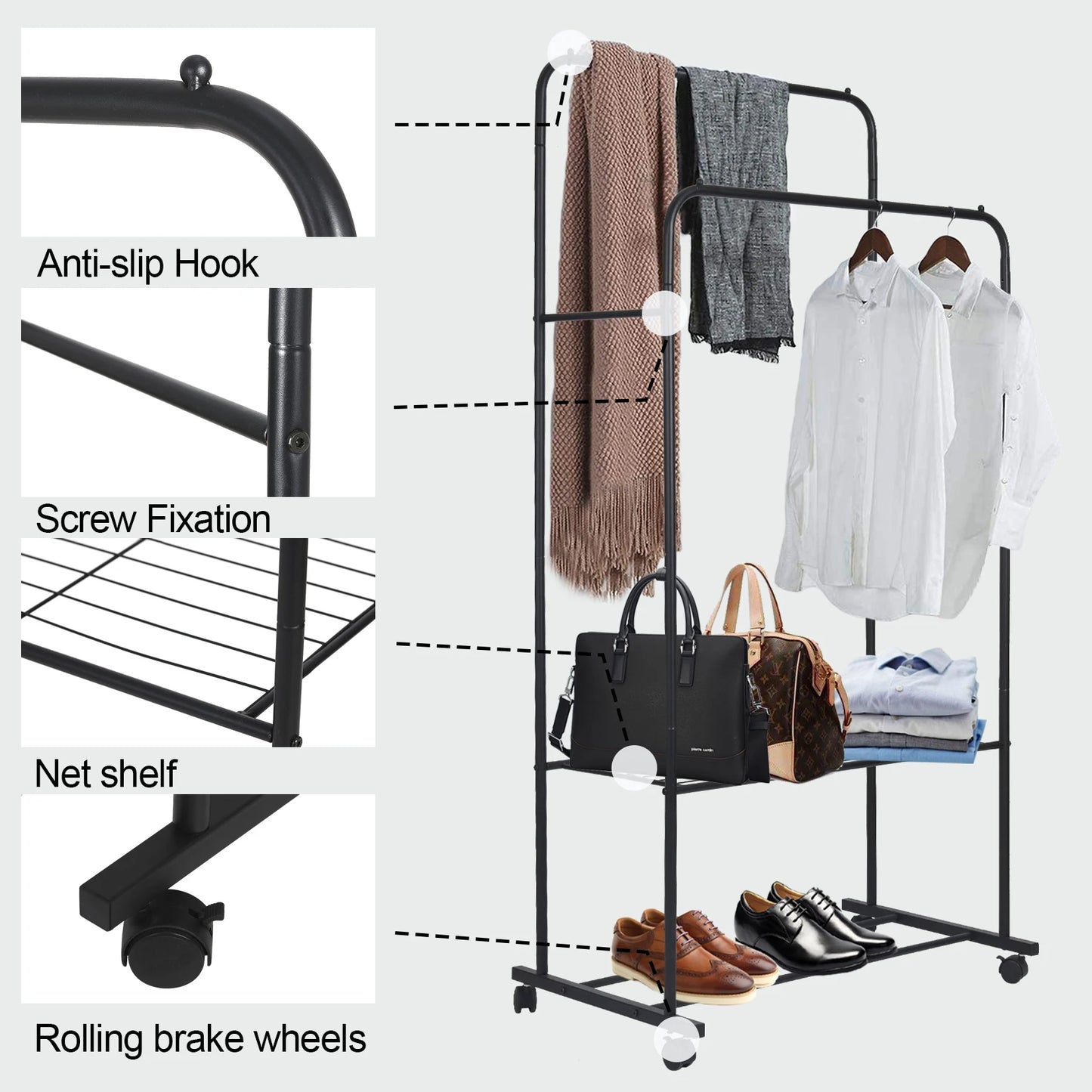 Heavy Duty Rolling Garment Rack Cloth Hanger Stand Metal Storage Shoes Organizer