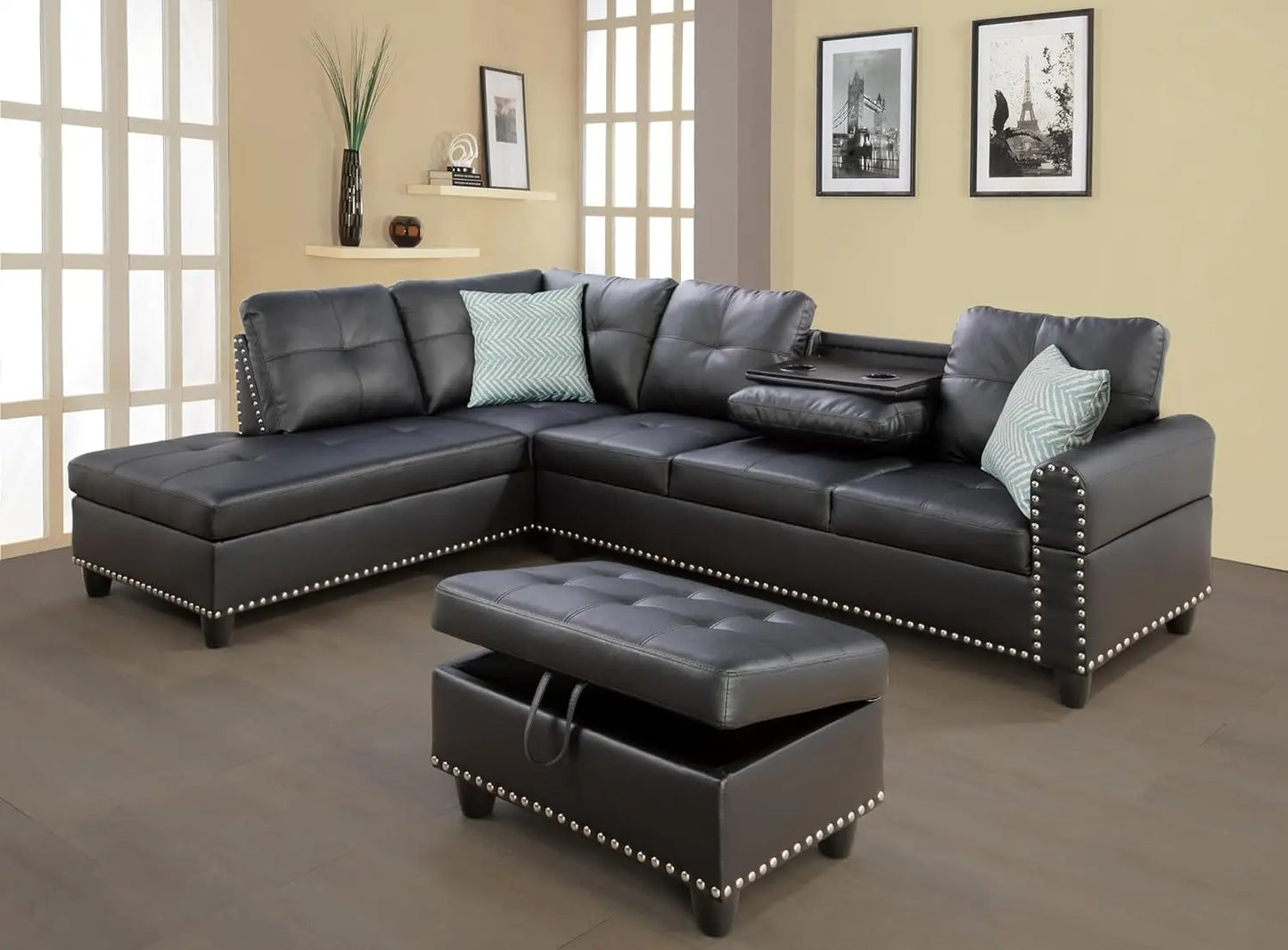 Sectional Sofa with R Chaise, L-Shaped 5 Seaters Faux Leather Upholstered Corner Sofa & Couch W/2 Cup Holders and Storage Ottoma