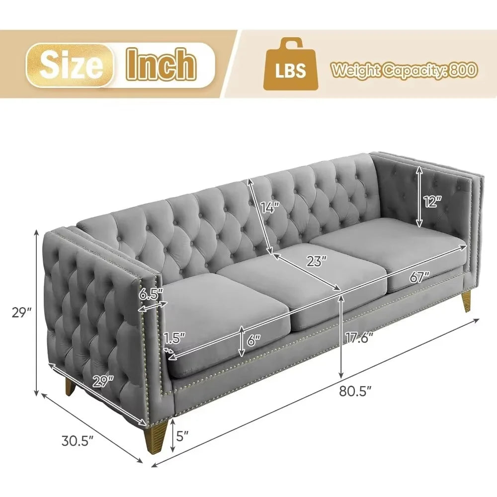 Velvet 3-seater sofa, comfortable living room sofa with tufted back and stud trim, padded couch, solid gold metal tapered legs