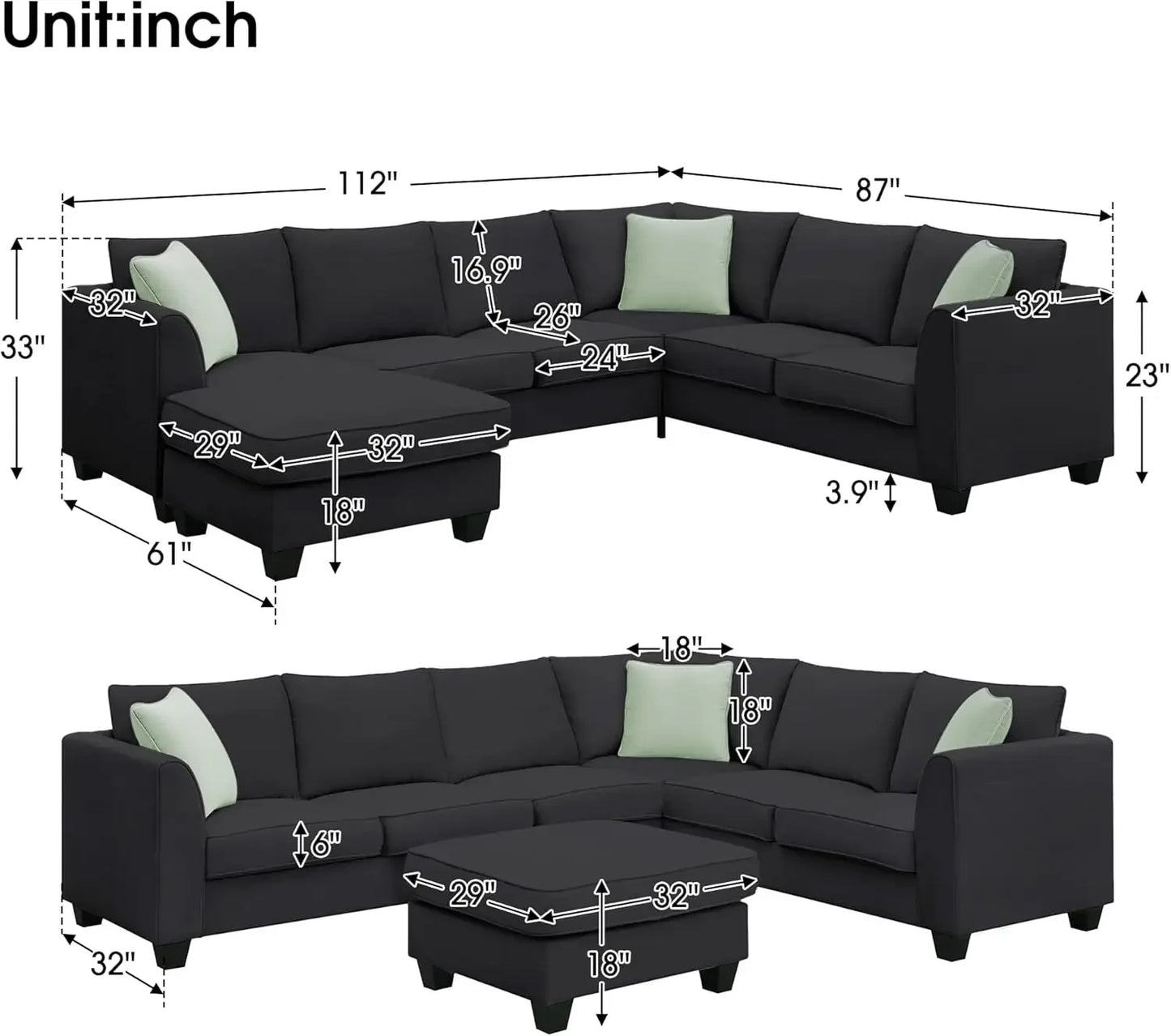 Modern Convertible Sectional Sofa,U Shape Sectional Sofa for Living Room, 7 Seat L Shaped Living Room Sofa Set with Ottoman
