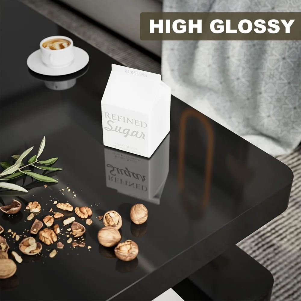 LED High Glossy Coffee Table, Modern Coffee Table for Living Room,2 Tiers Rectangle Design Table with 16 Colors LED Lights Black