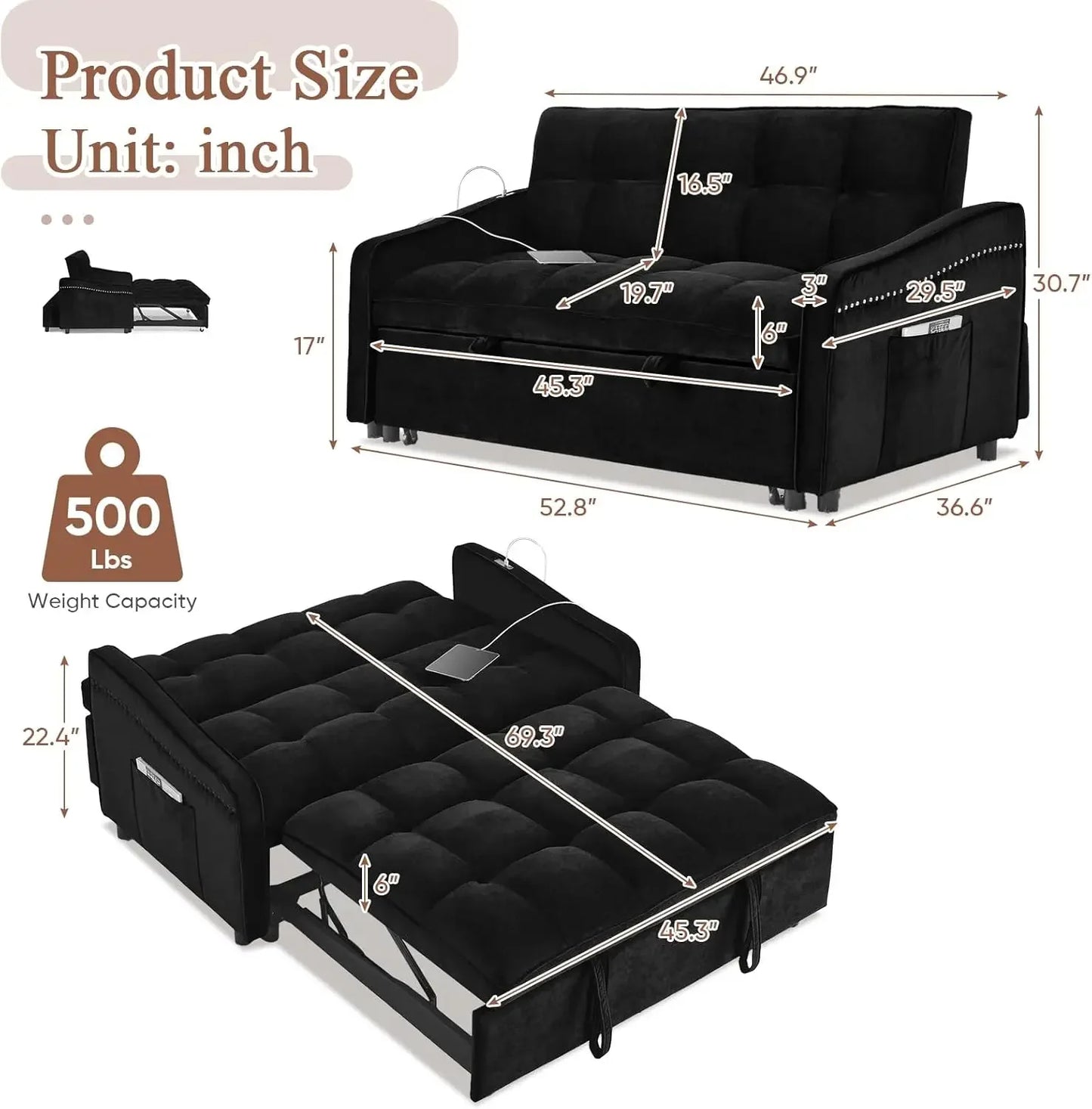 3 in 1 Sleeper Sofa Couch Bed with USB & Type C Port, 52" Small Modern Convertible Tufted Velvet Loveseat Sofa w/Pull Out Bed