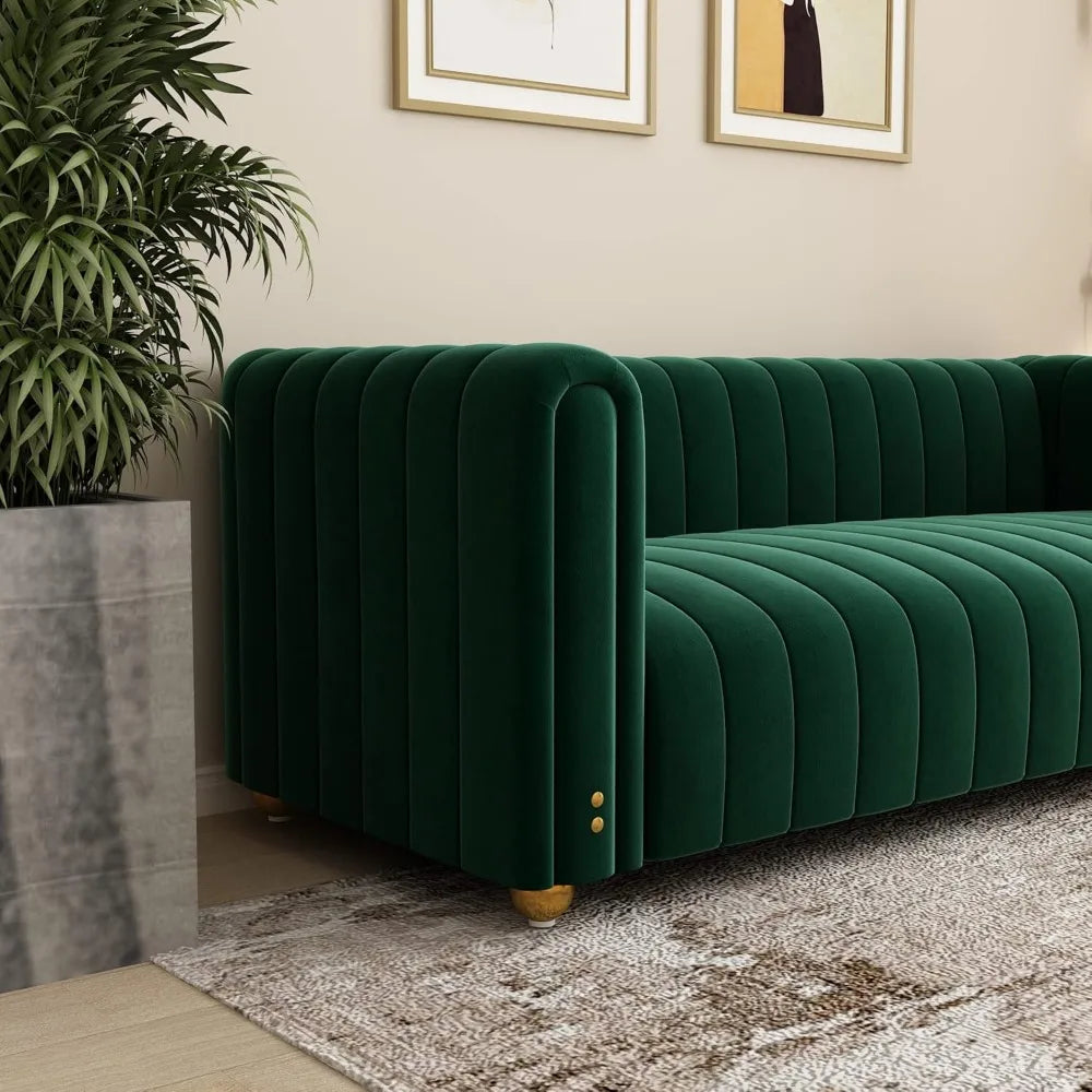 Green Velvet Couch, 81.3 Wide Modern Couch Small Spaces LoveSeat with Gold Leg, Comfy 3 Seat Extra Deep Sofas for Living Room