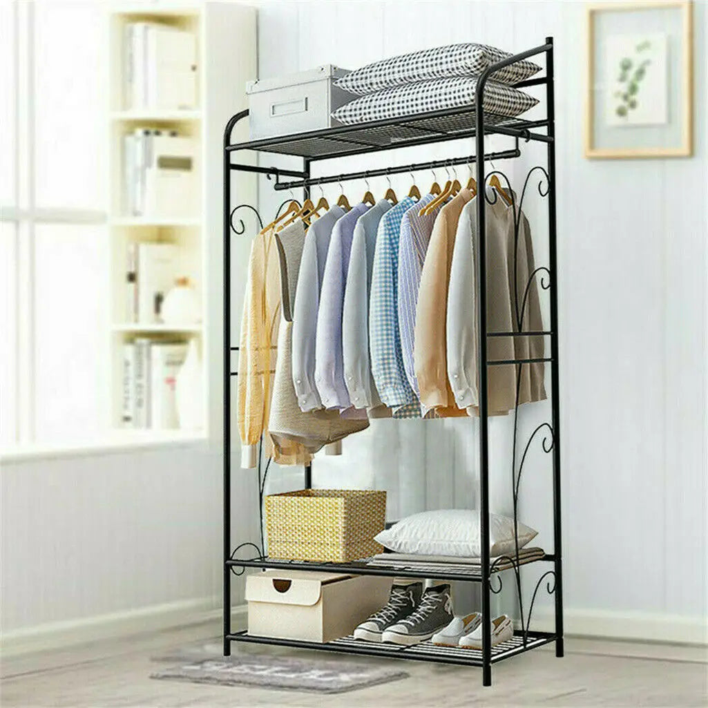Heavy Duty Clothes Rail Clothes Rack Black Metal Garment Rack Stand for Bedroom with Storage Shelves 2 Shelf Shoe Rack