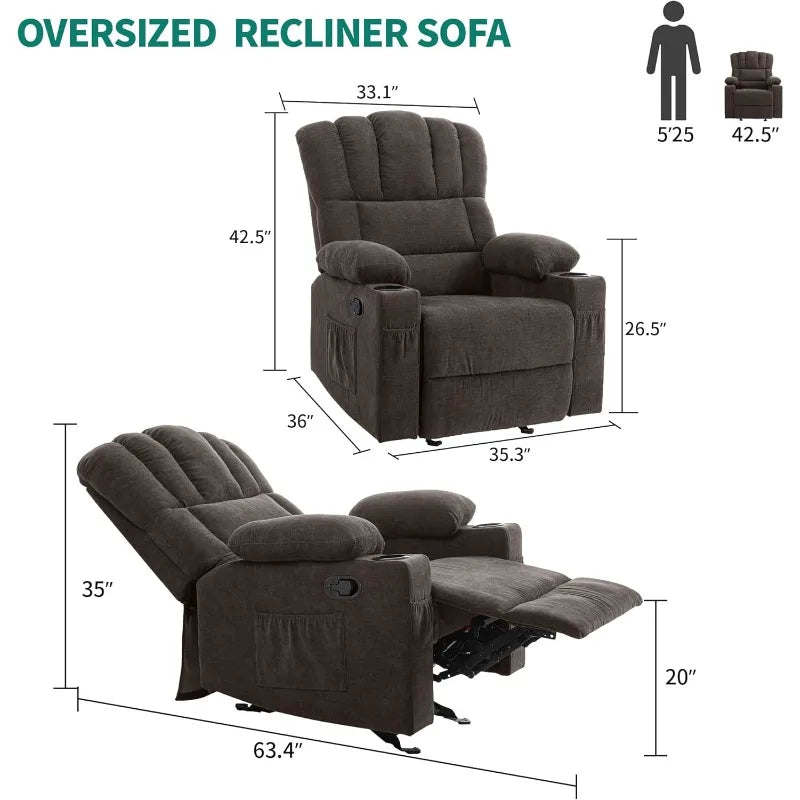 Glider Rocker Recliner Chair with Massage and Heat, Fabric Recliner Chair,Manual Rocking Recliner Chair with 2 Cup Holders
