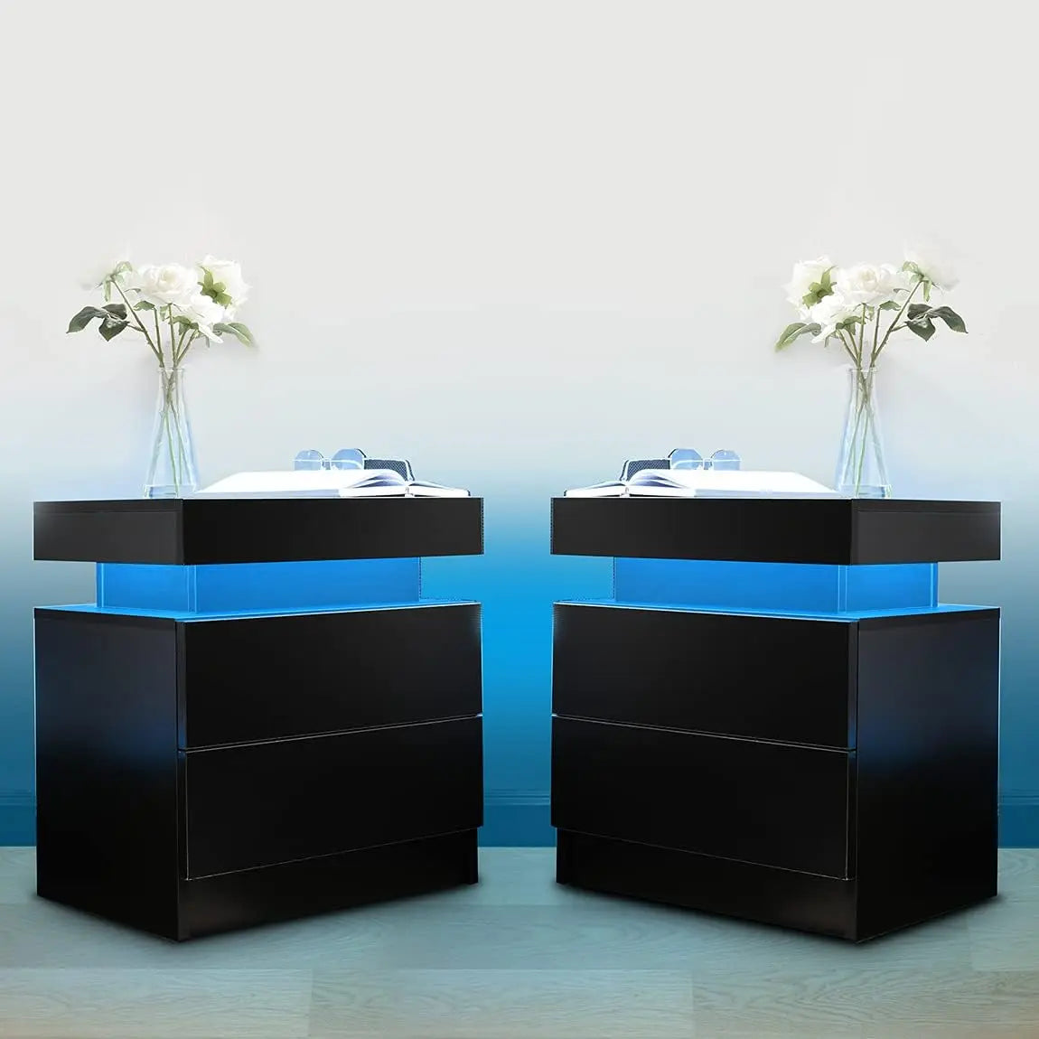 Nightstand Set of 2 LED Nightstand with 2 Drawers,Bedside Table with Drawers for Bedroom Furniture,Side Bed Table , White