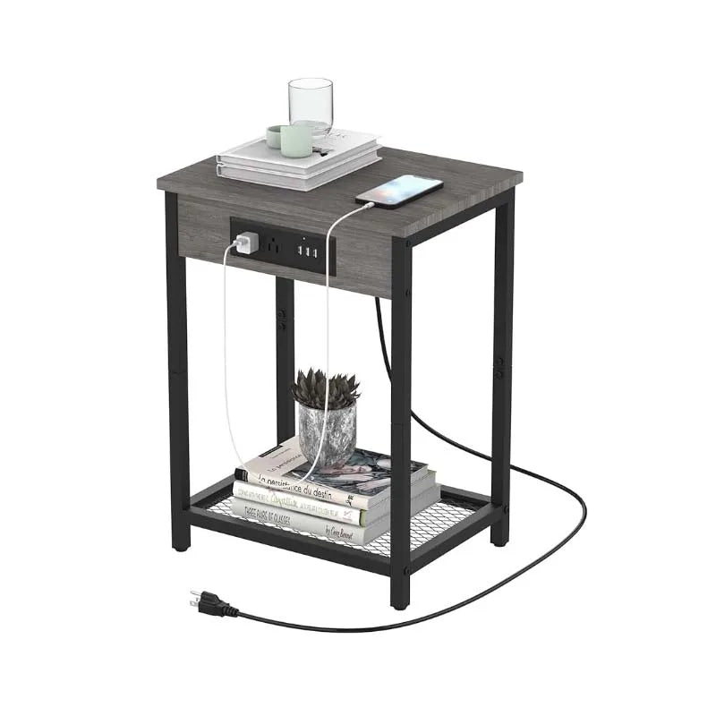 Nightstand with Charging Station Bedroom End Side Table with USB Ports outlets Modern Record Player Stand 2-Tier Bedside Table