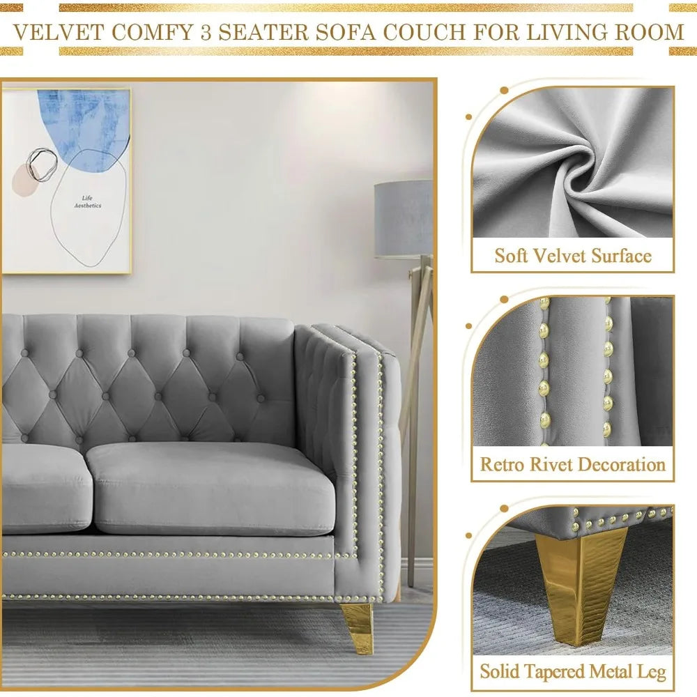 Velvet 3-seater sofa, comfortable living room sofa with tufted back and stud trim, padded couch, solid gold metal tapered legs