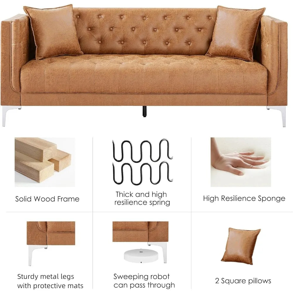 Modern Sofa Couch for Living Room, 3 Seater Sofa with Deep Seats and 2 Pillows, Handmade Button Tufted Leather Couch