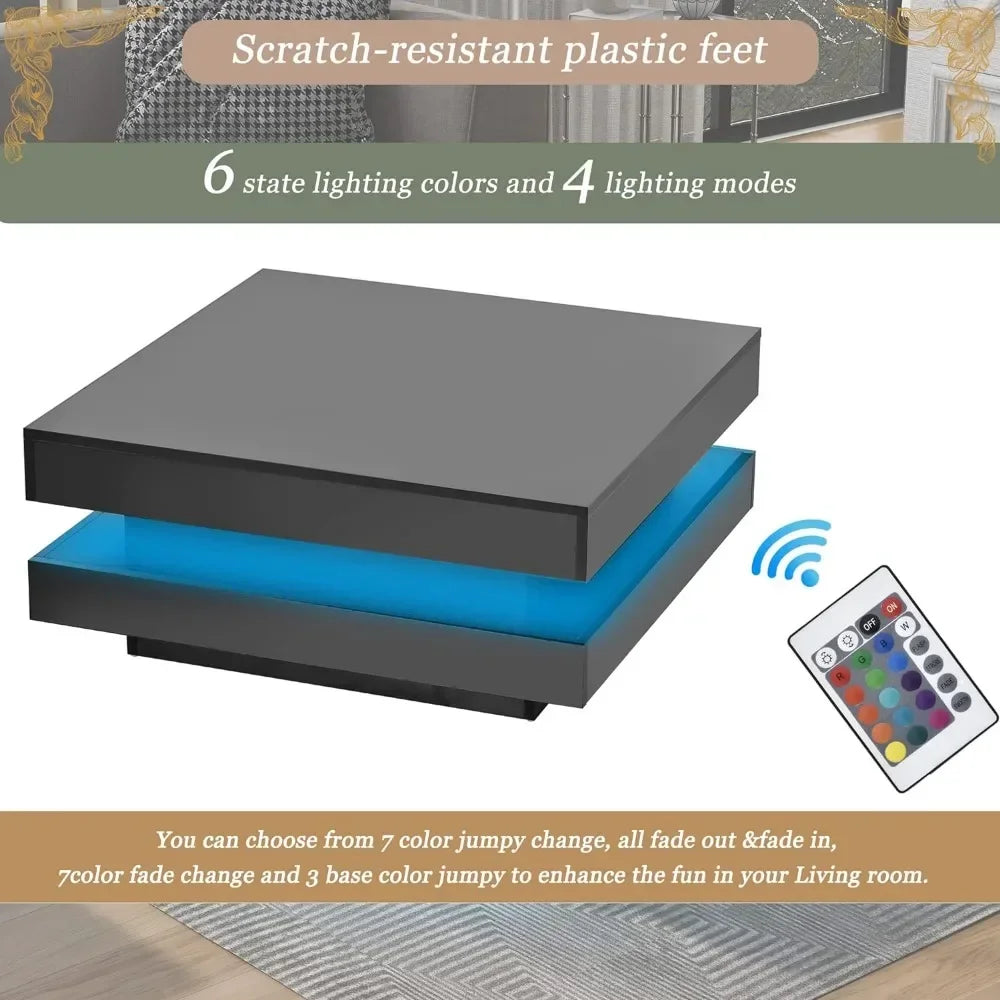 Coffee Table Modern Minimalist Design High Gloss 31.5 Inch 2 Tier Square with Plug-In 16 Color LED Lights Café Tables