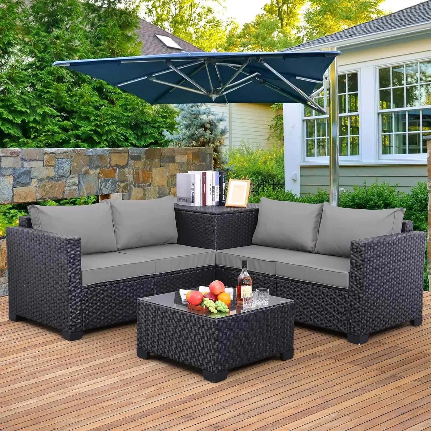 Outdoor PE Wicker Patio Furniture Set 4 Piece Black Rattan Sectional Loveseat Couch Set Conversation Sofa with Storage Grey