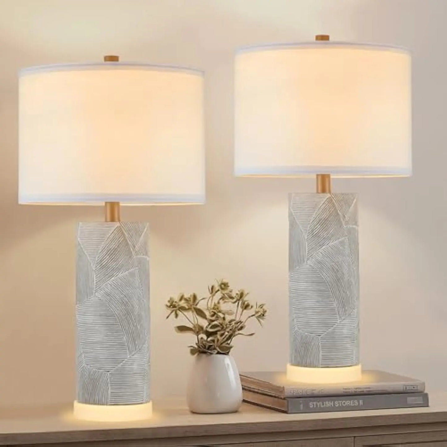 23.25 Table Lamps for Living Room Set of 2 Distressed Gray Table Lamps with Luminous LED Base Bedside Table Lamps for Bedroo