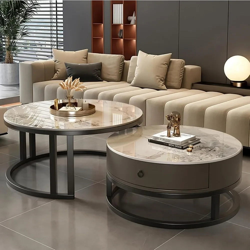 Modern Nesting Coffee Table with drawer,round,soild wood tabletop,metal frame,simple Sliding design tea table for Living Room