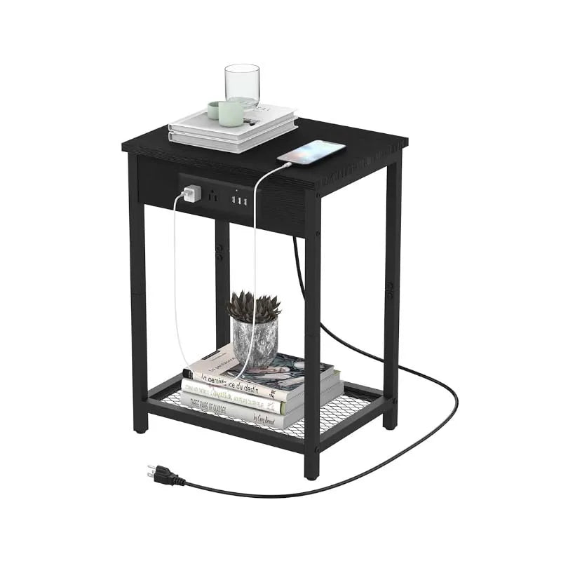 Nightstand with Charging Station Bedroom End Side Table with USB Ports outlets Modern Record Player Stand 2-Tier Bedside Table
