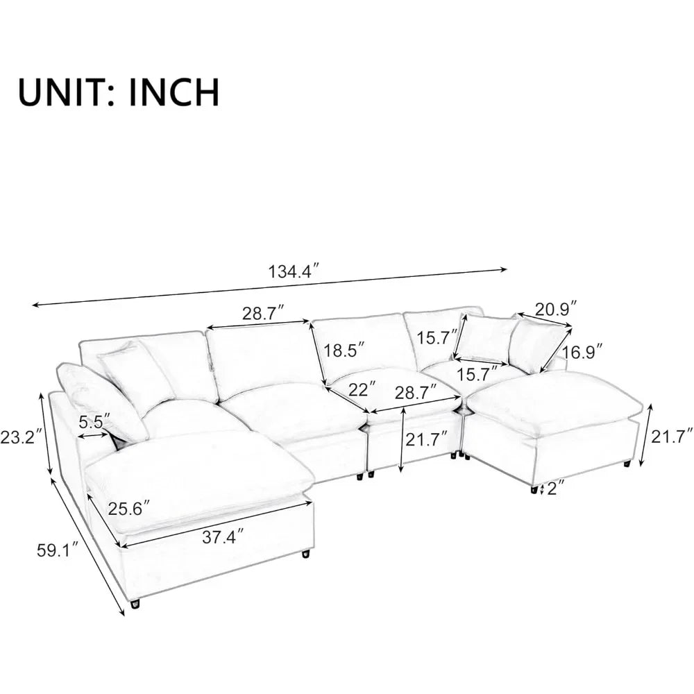 Oversized Modular Sectional Sofa,134.4" U Shaped Couch with Movable Ottoman,Large 6 Seater Corner Sofa for Living Room