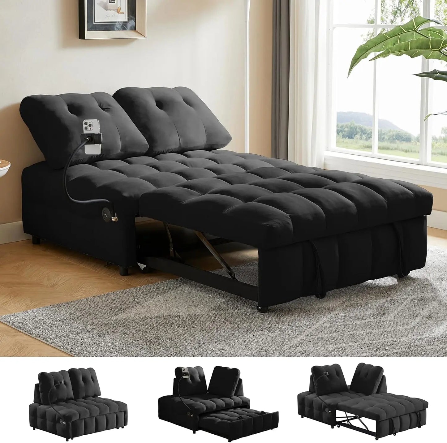 Twin Pull Out Sofa Bed with USB Port,Velvet Upholstery Couch, Chaise Lounge,Convertible Sleeper Sofa Bed