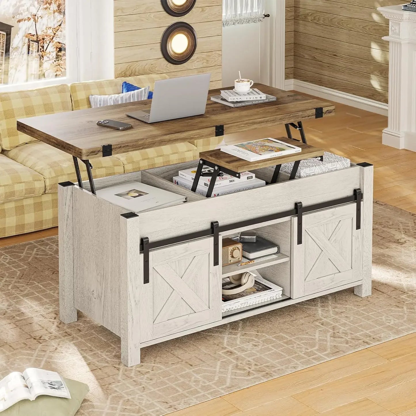 Lift Top Coffee Table 4 in 1 Multi-Function Convertible Coffee Tables with Storage and Hidden Compartment Farmhouse Coffee Table