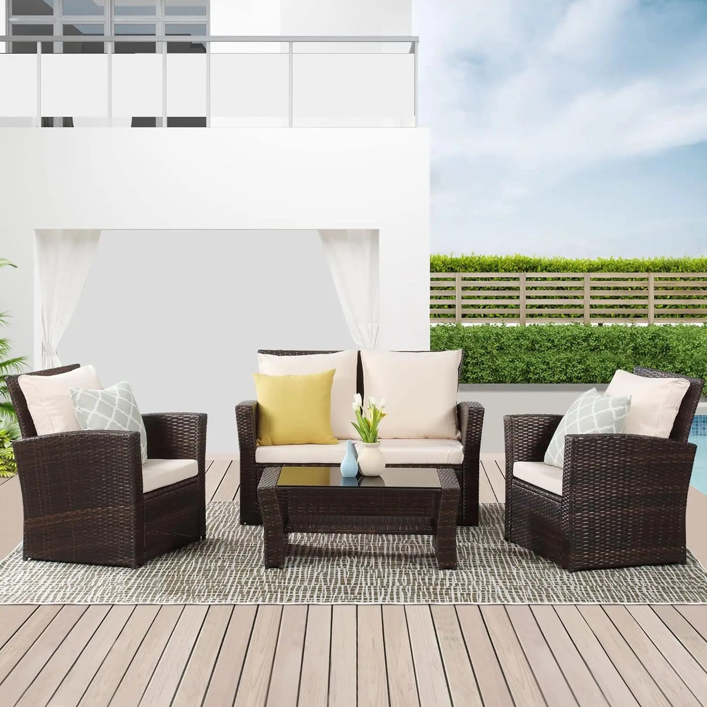 4 Piece Outdoor Patio Furniture Sets, Wicker Conversation Set, Gray Rattan Sofa Chair with Cushion, Garden Furniture Set