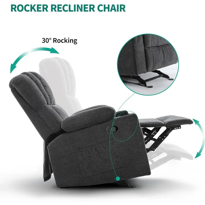 Glider Rocker Recliner Chair with Massage and Heat, Fabric Recliner Chair,Manual Rocking Recliner Chair with 2 Cup Holders