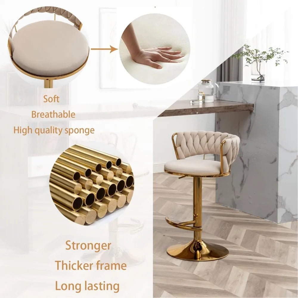 Gold Velvet Bar Stools Set of 4, Counter Height Bar Stools with Low Back, Swivel Stool for Kitchen Island, Bar Pub (Beige)