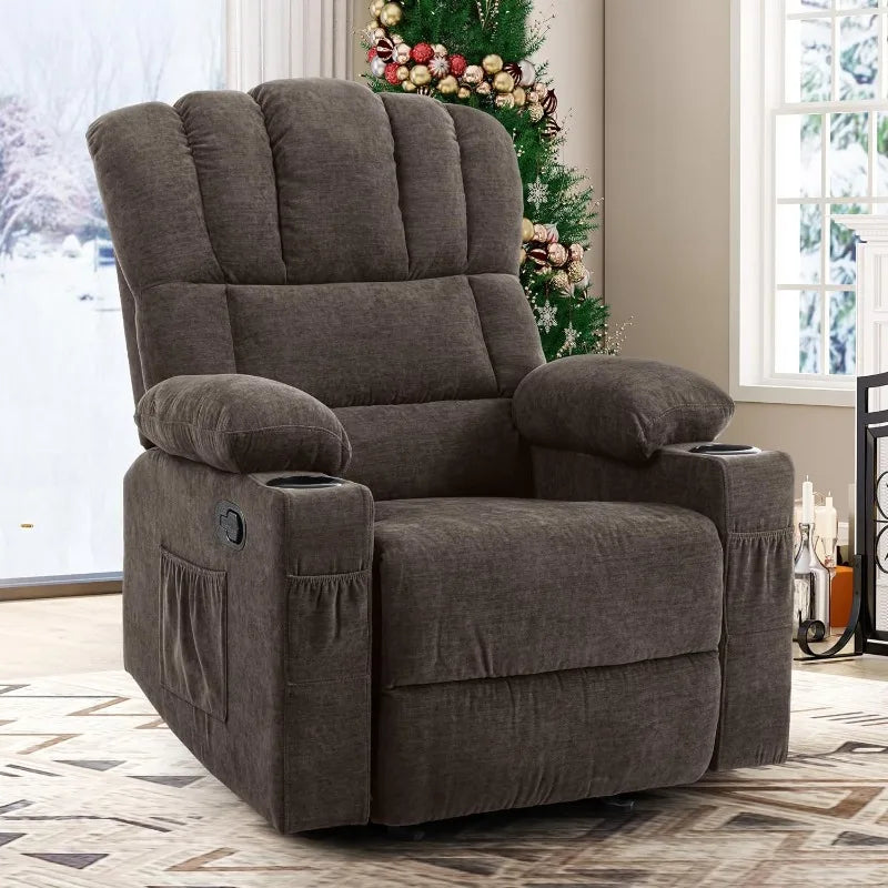 Glider Rocker Recliner Chair with Massage and Heat, Fabric Recliner Chair,Manual Rocking Recliner Chair with 2 Cup Holders