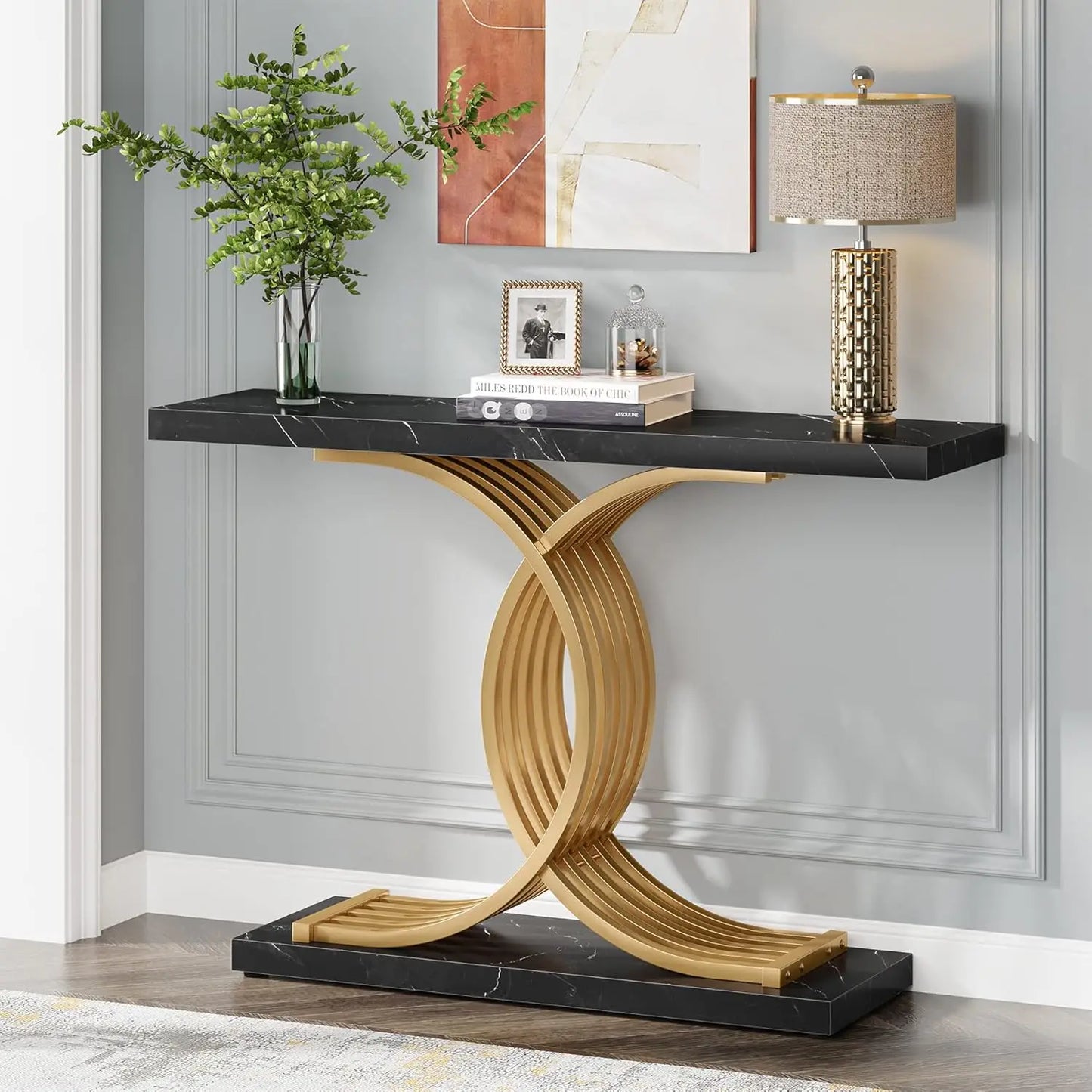 Gold Entryway Table, Modern 39-Inch Console Table Accent Table with Geometric Metal Legs