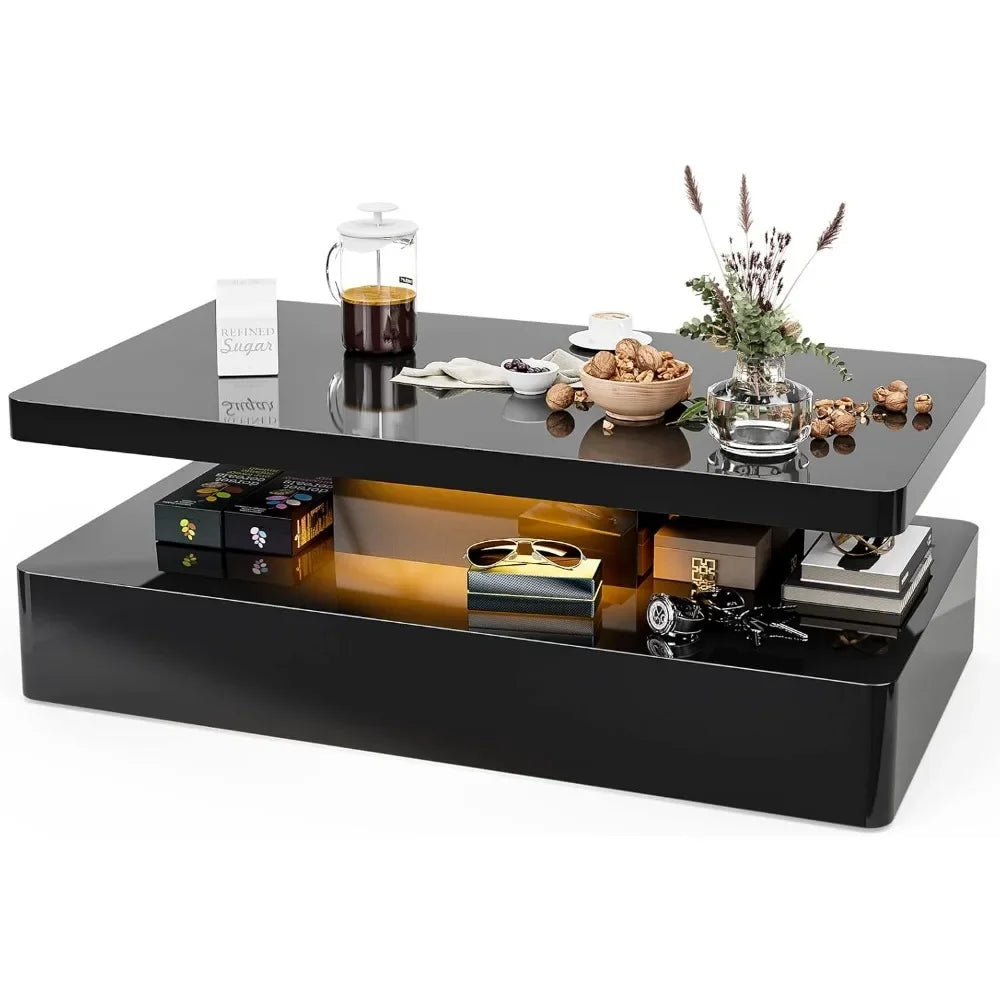 LED High Glossy Coffee Table, Modern Coffee Table for Living Room,2 Tiers Rectangle Design Table with 16 Colors LED Lights Black