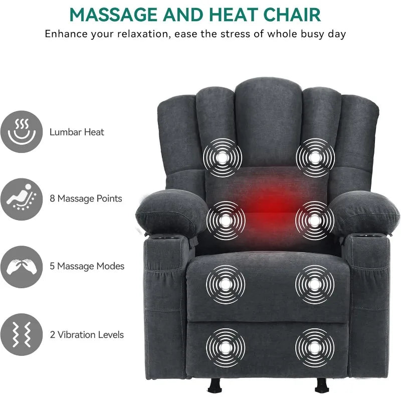 Glider Rocker Recliner Chair with Massage and Heat, Fabric Recliner Chair,Manual Rocking Recliner Chair with 2 Cup Holders