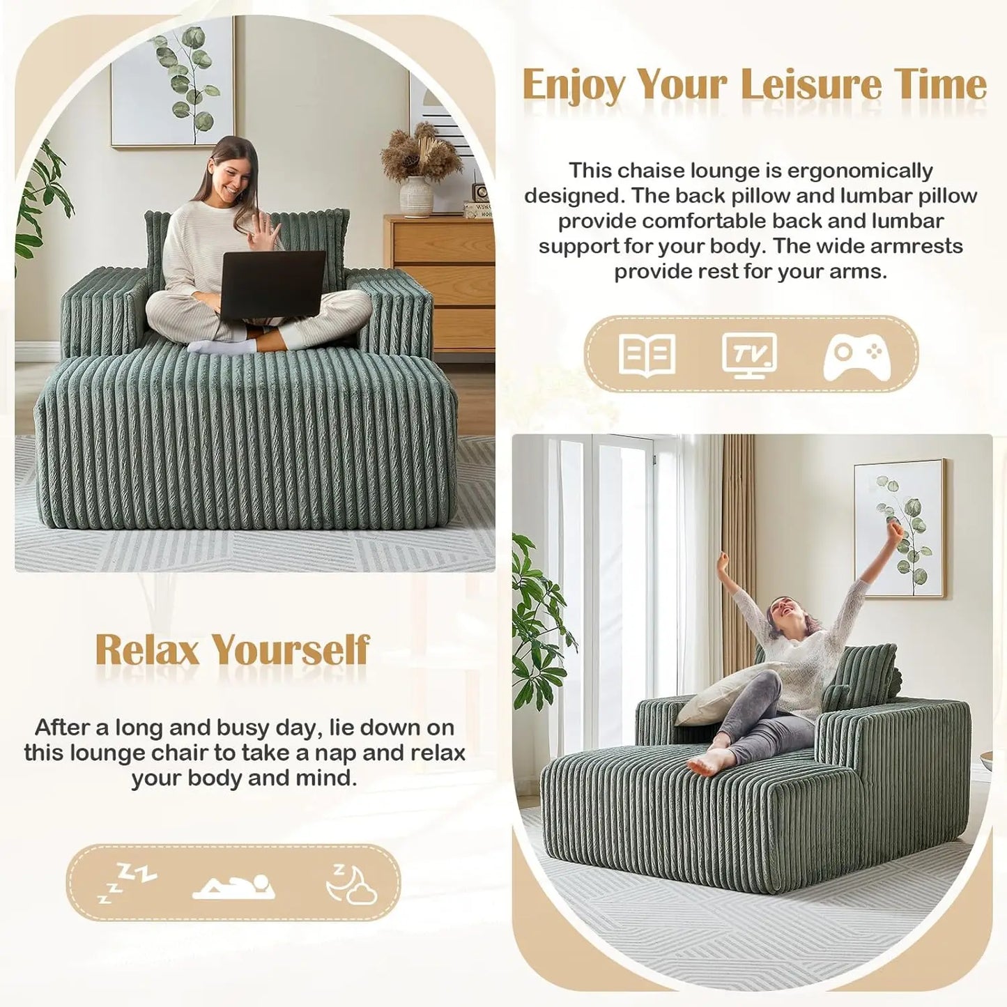 Oversized Chaise Lounge Chair Indoor,48.5" Upholstered Plush Corduroy Sofa W Armrests&Pillows,Comfy Lounge Sofa Deep Seat Sofa