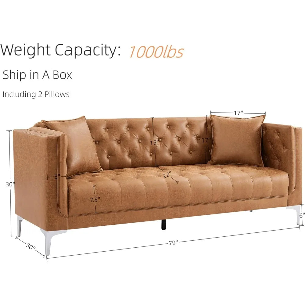 Modern Sofa Couch for Living Room, 3 Seater Sofa with Deep Seats and 2 Pillows, Handmade Button Tufted Leather Couch