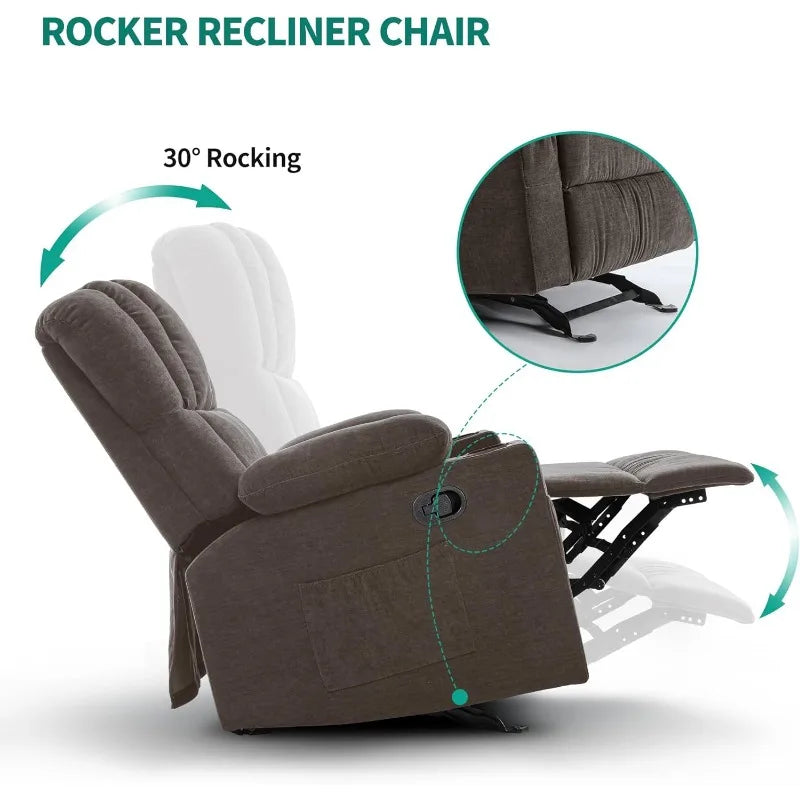 Glider Rocker Recliner Chair with Massage and Heat, Fabric Recliner Chair,Manual Rocking Recliner Chair with 2 Cup Holders