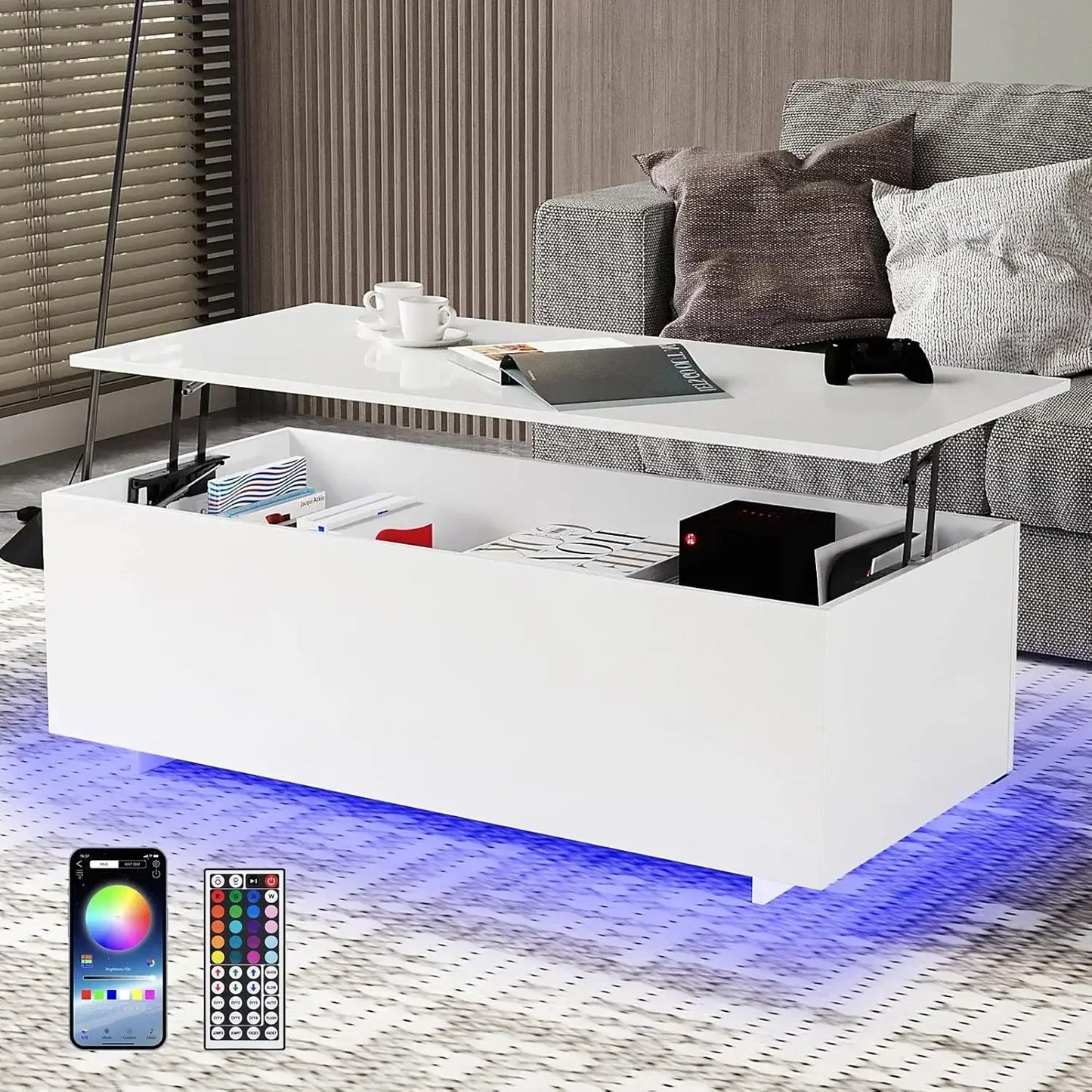 Led Coffee Tables for Living Room - High Gloss Table with Led Lights, 20 Colors Controlled by Remote or App