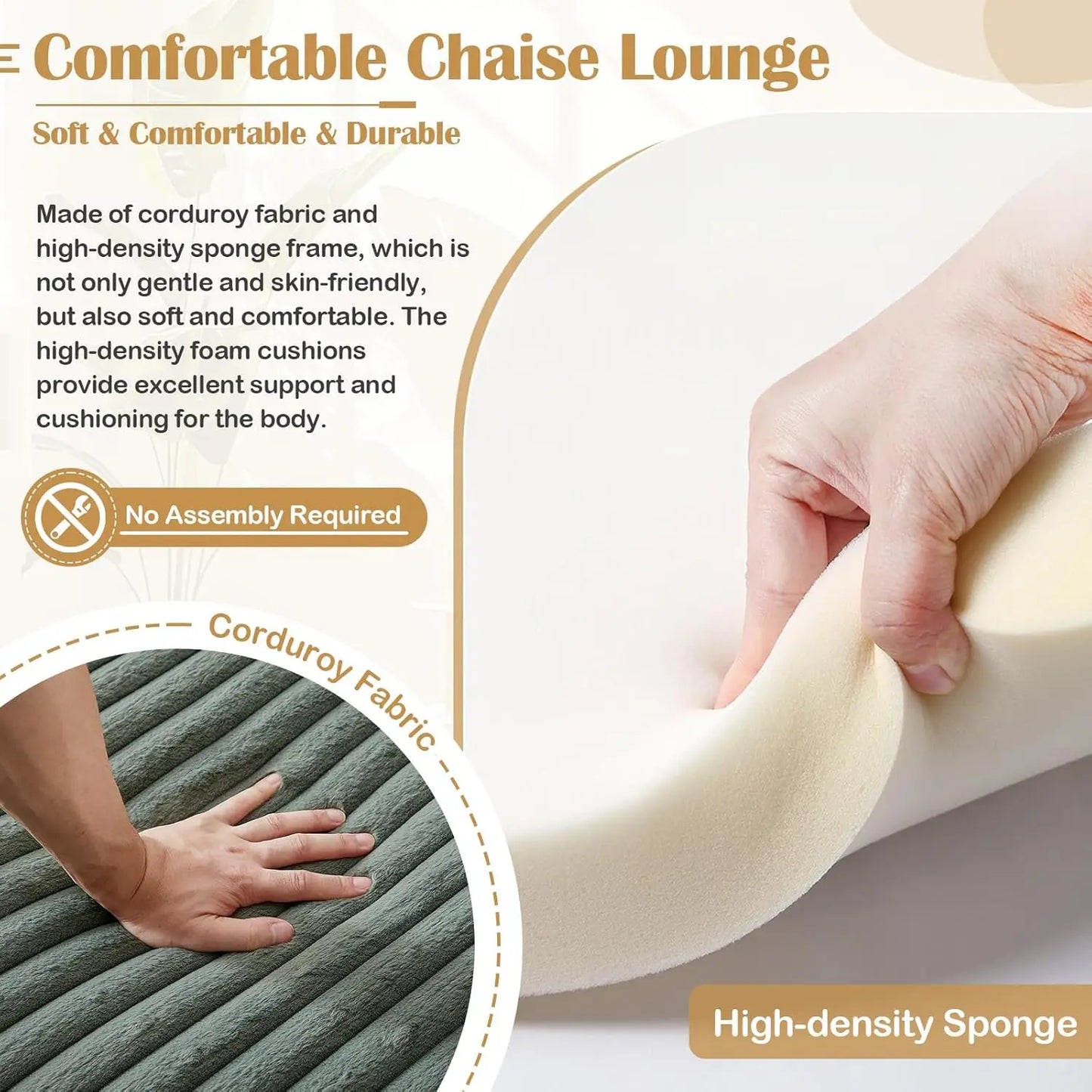 Oversized Chaise Lounge Chair Indoor,48.5" Upholstered Plush Corduroy Sofa W Armrests&Pillows,Comfy Lounge Sofa Deep Seat Sofa