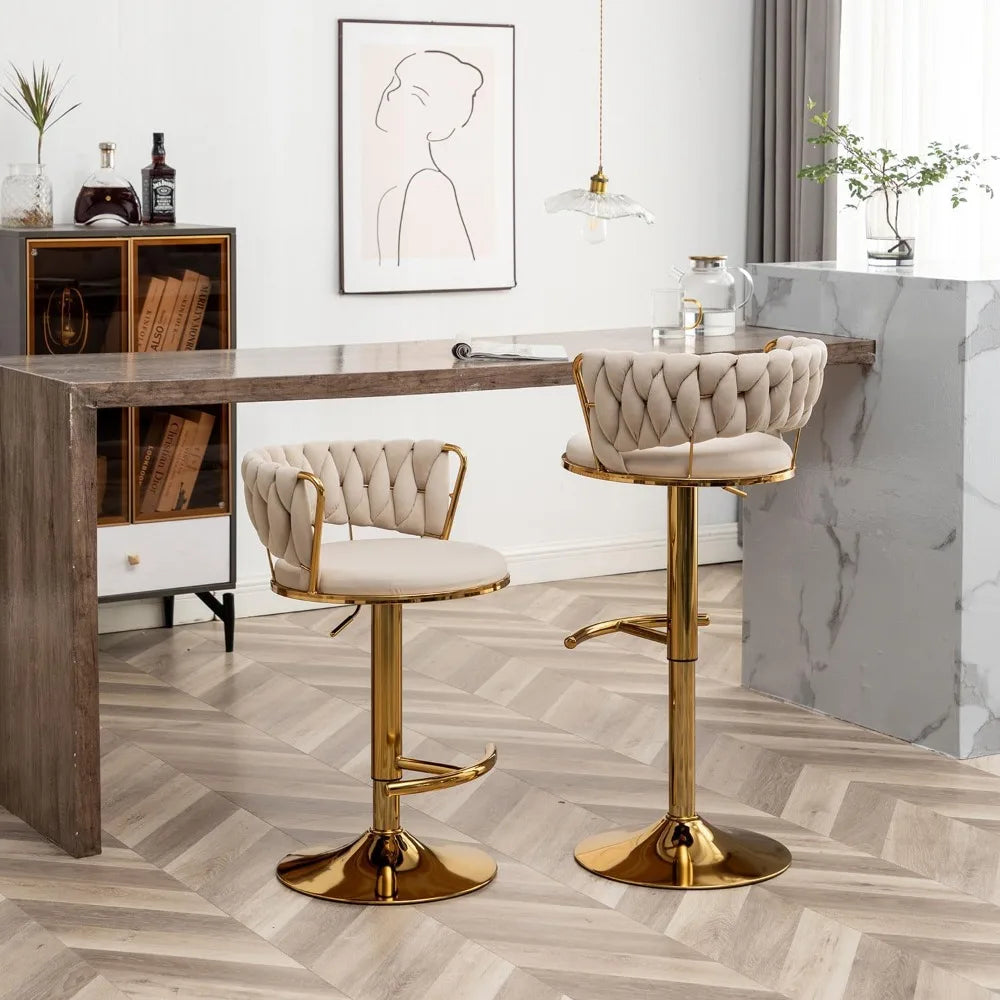 Gold Velvet Bar Stools Set of 4, Counter Height Bar Stools with Low Back, Swivel Stool for Kitchen Island, Bar Pub (Beige)