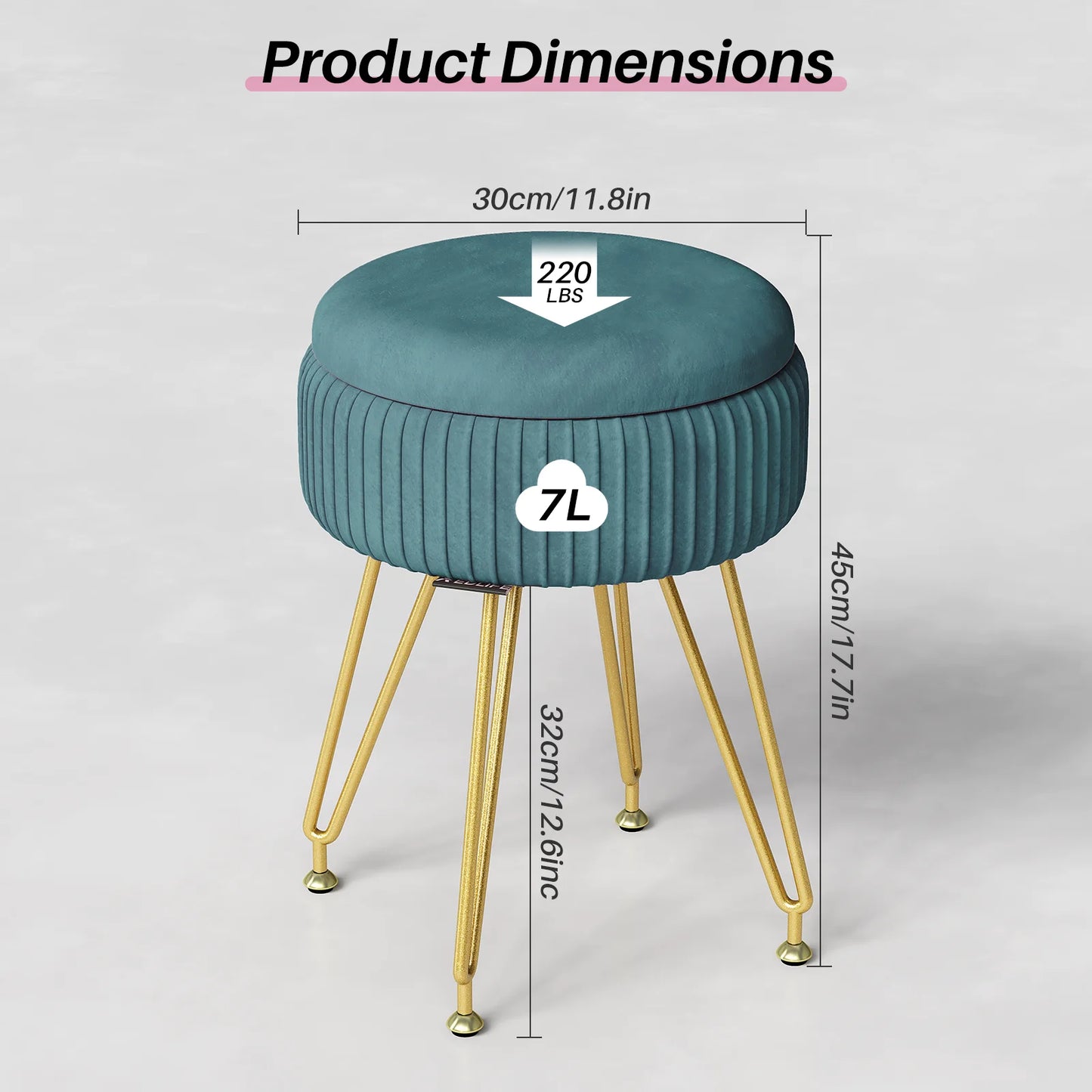 Redlife Velvet Vanity Stool Chair with Storage Multifunctional Makeup Chair Footrest with Anti-Slip Feet for Living Room Bedroom