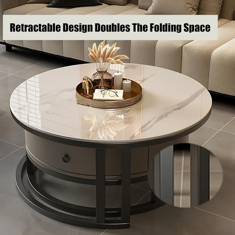 Modern Nesting Coffee Table with drawer,round,soild wood tabletop,metal frame,simple Sliding design tea table for Living Room