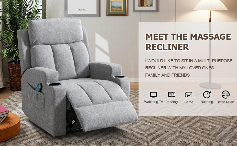 Home Manual Recliner Chair with Massage and Heat for Living Room Overstuffed Breathable Fabric Reclining Chair with 2 Side Pocke