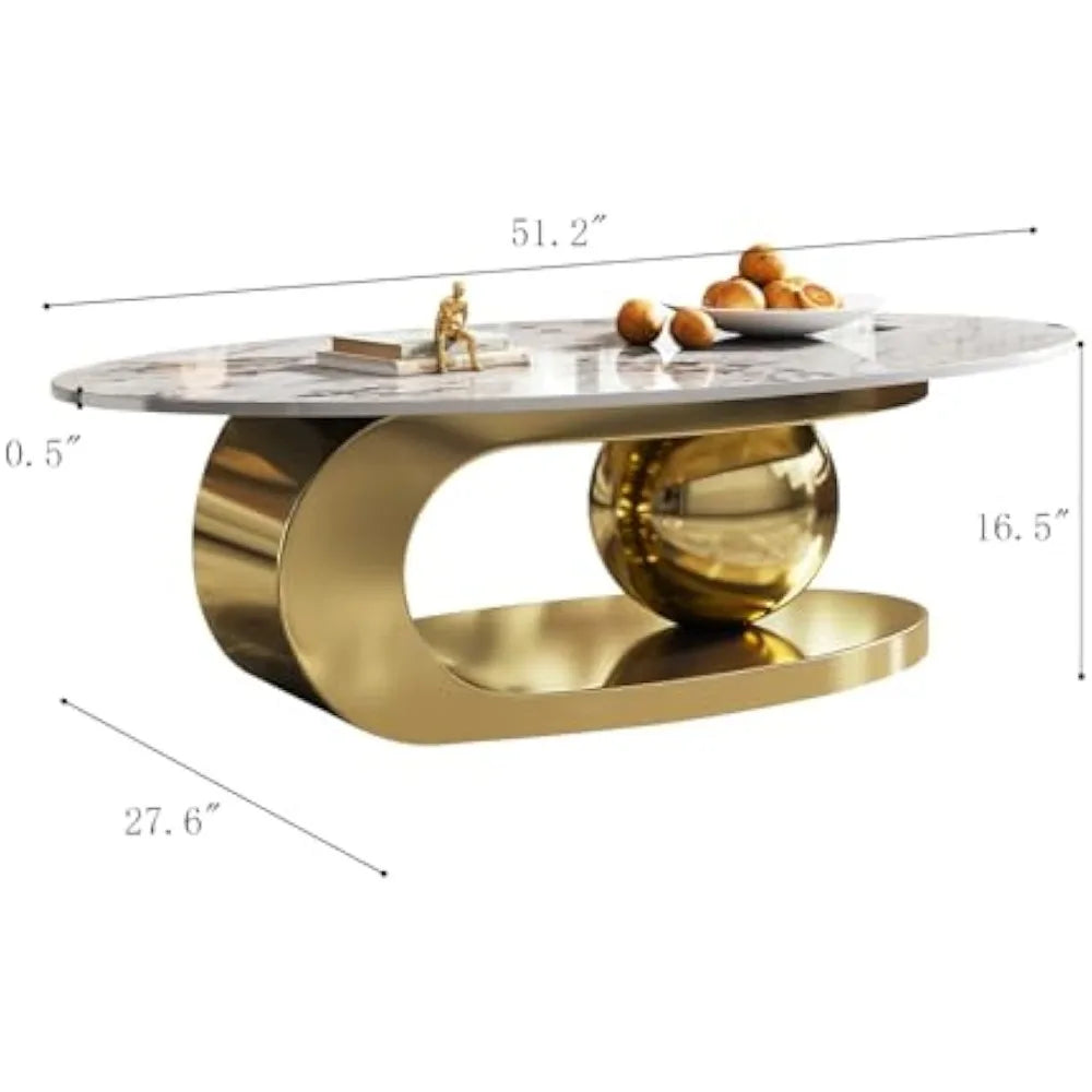 Oval Stone Coffee Table, Gold Metal Base Marble Coffee Table Center Table, Luxurious Gold and Stone Living Room Table