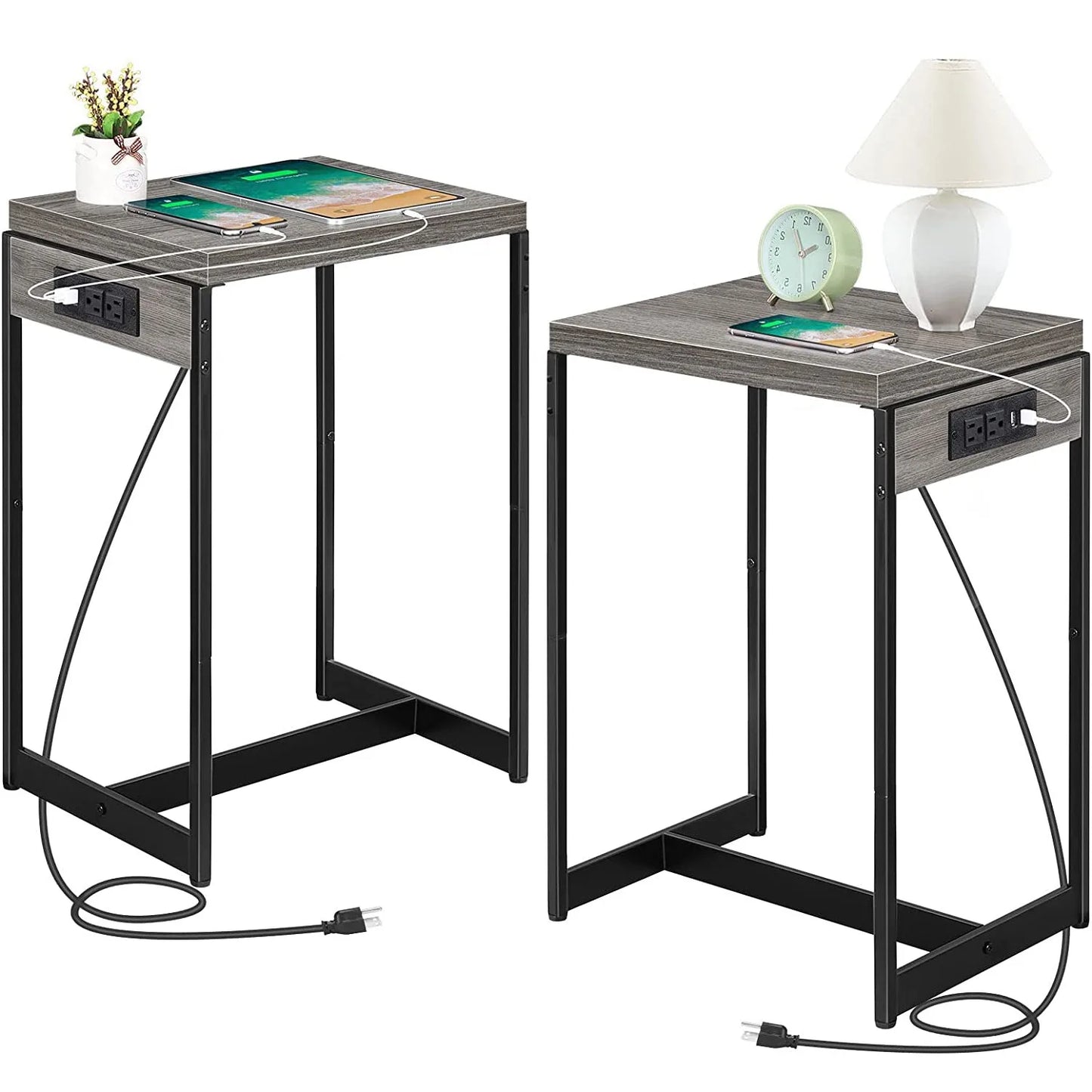 Nightstands Set of 2 with Charging Station, 2 Tier Bedside Table with USB Ports and Outlets, Narrow End Table with Storage Shelf