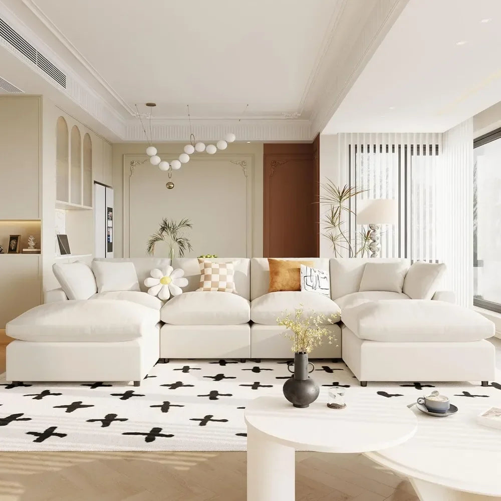 Oversized Modular Sectional Sofa,134.4" U Shaped Couch with Movable Ottoman,Large 6 Seater Corner Sofa for Living Room