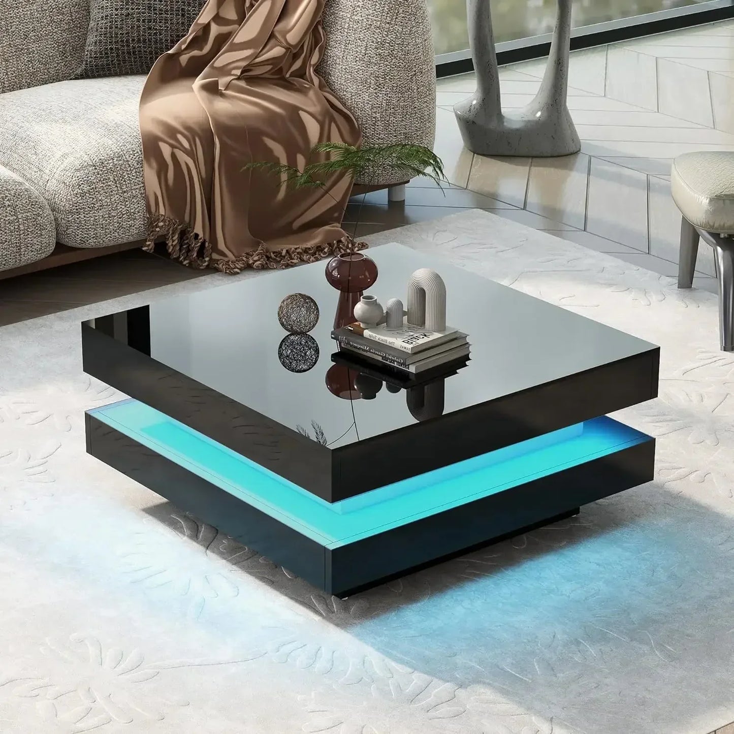 Coffee Table Modern Minimalist Design High Gloss 31.5 Inch 2 Tier Square with Plug-In 16 Color LED Lights Café Tables